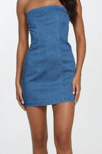 Strapless denim pleated dress with elastic band top