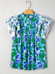 Floral high neck ruffle sleeve blouse