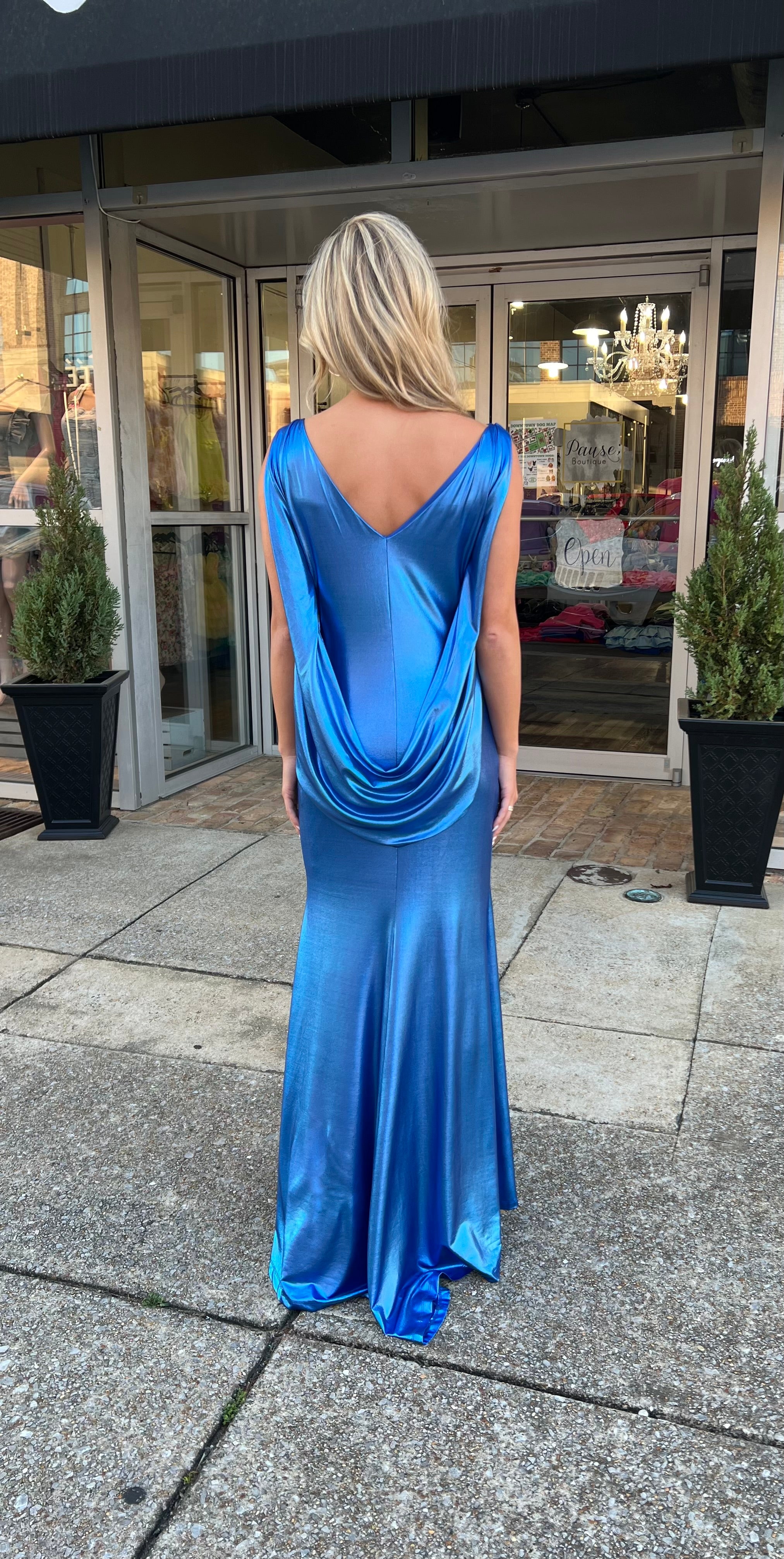 Long metallic blue Goddess formal dress