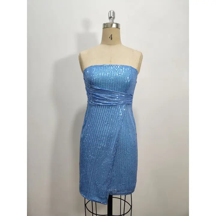 strapless with high faux wrap mini dress