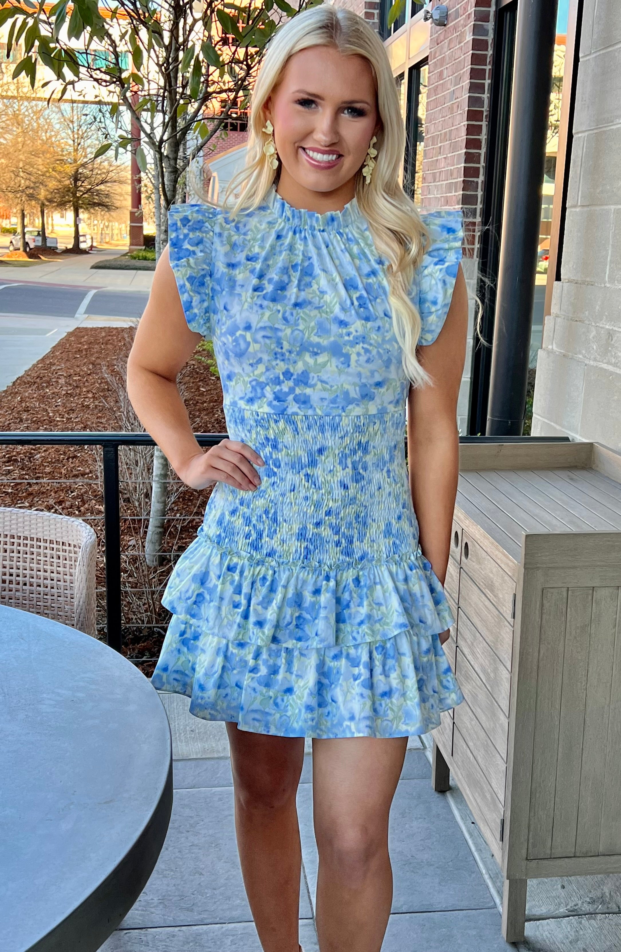 Blue Floral Drop Smock Waste Gathered Neck Dress