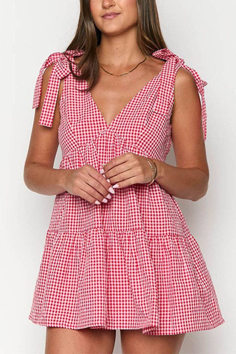 Tie-Strap Gingham Casual Dress