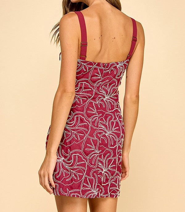 Floral heavy embroidery strap with mini bow dress