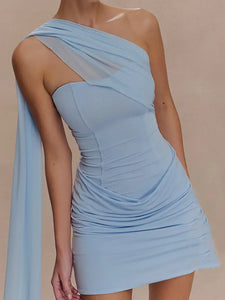Powder blue front and back ruched layer with long top sash
