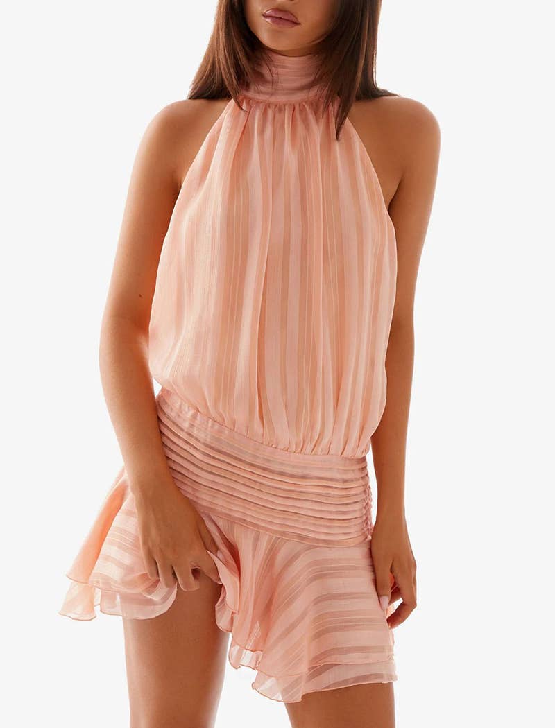 Striped Halter Mini Dress with Ruched Waist
