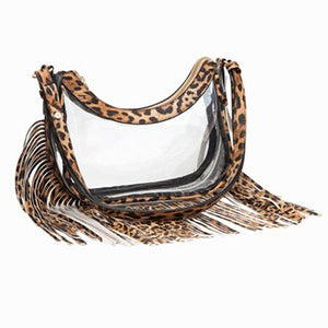 clear bag with long leather fringe