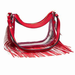 Clear crossbody with red leather fringe