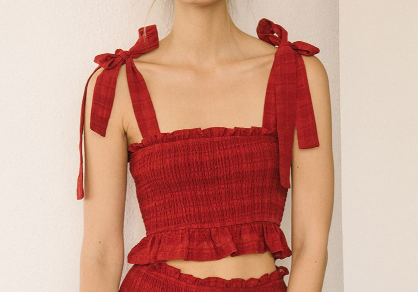 Smocked plaid shoulder tie crop