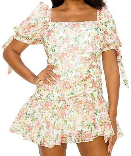 Green and pink floral puff sleeve ruffle bottom