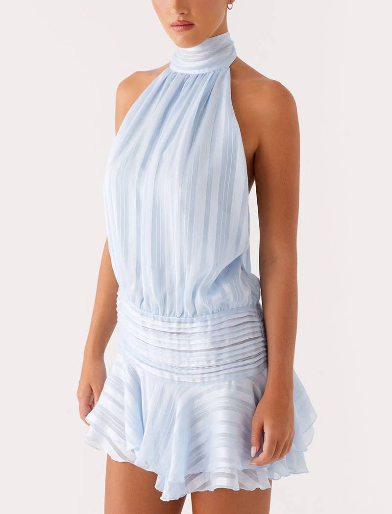 Striped Halter Mini Dress with Ruched Waist
