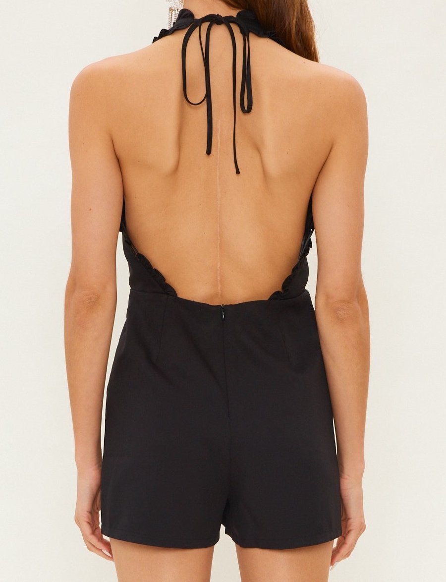 Mini ruffle detail V neck halter romper