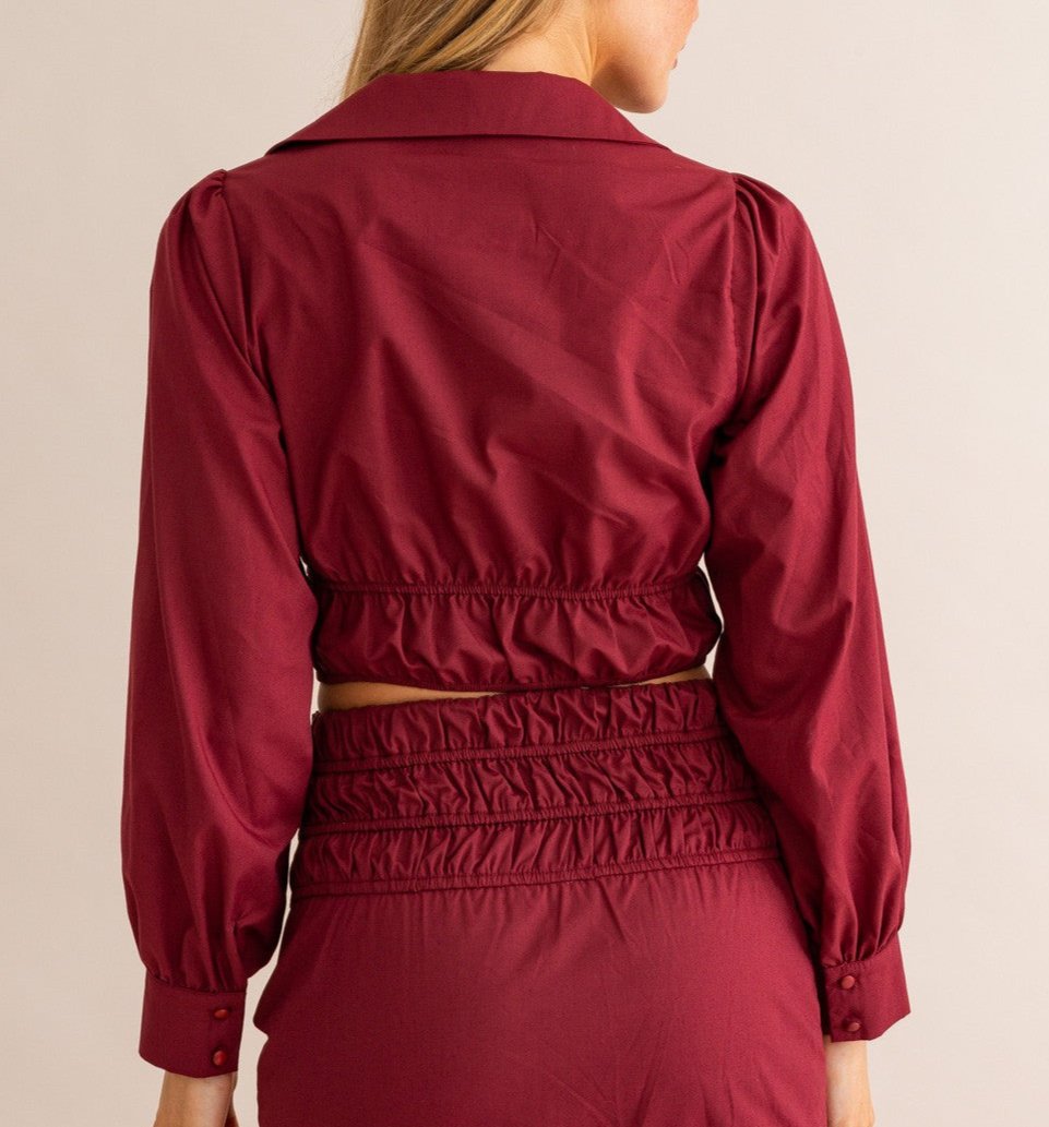 Long sleeve collared crop tie front top