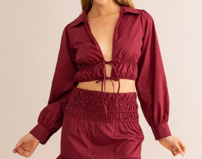 Long sleeve collared crop tie front top