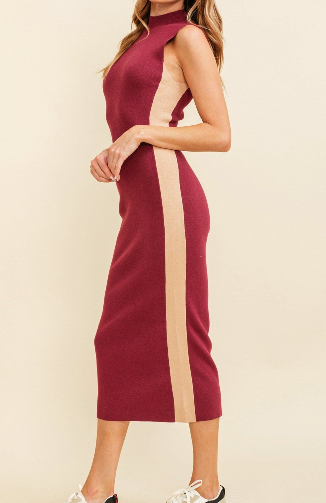 High neck sleeveless side contrast maxi sweater bodycon