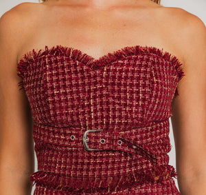 Tweed crimson and gold crop top with belt