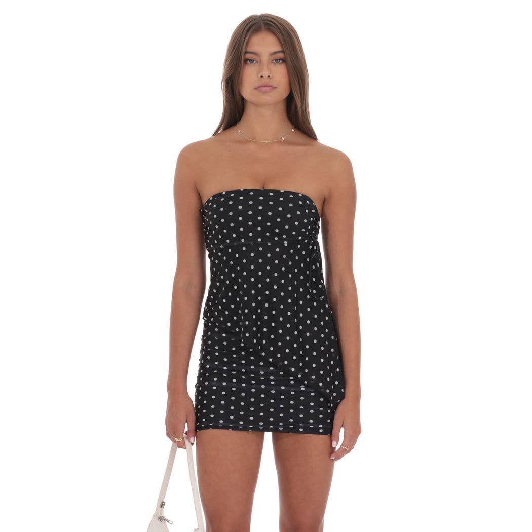 Polka Dot Mesh Strapless Two Piece Set in Black