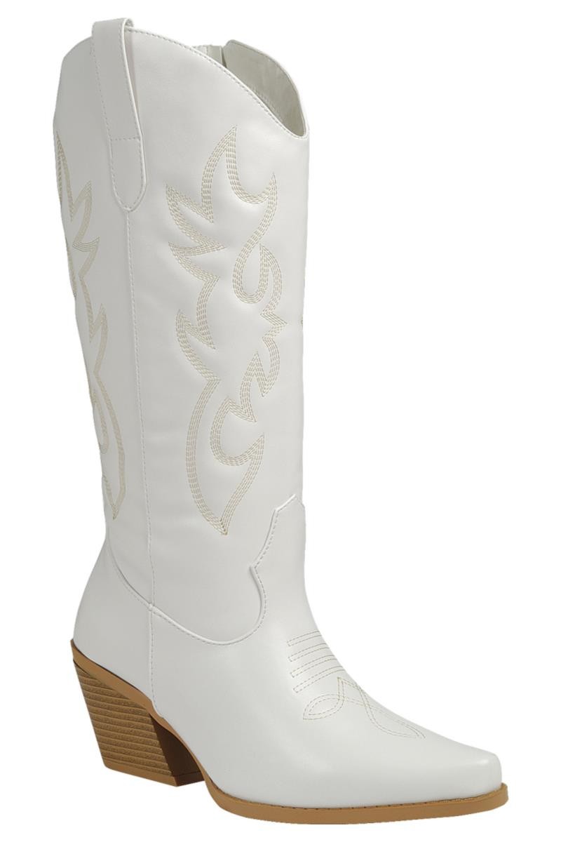 White with ivory embroidery calf length boots
