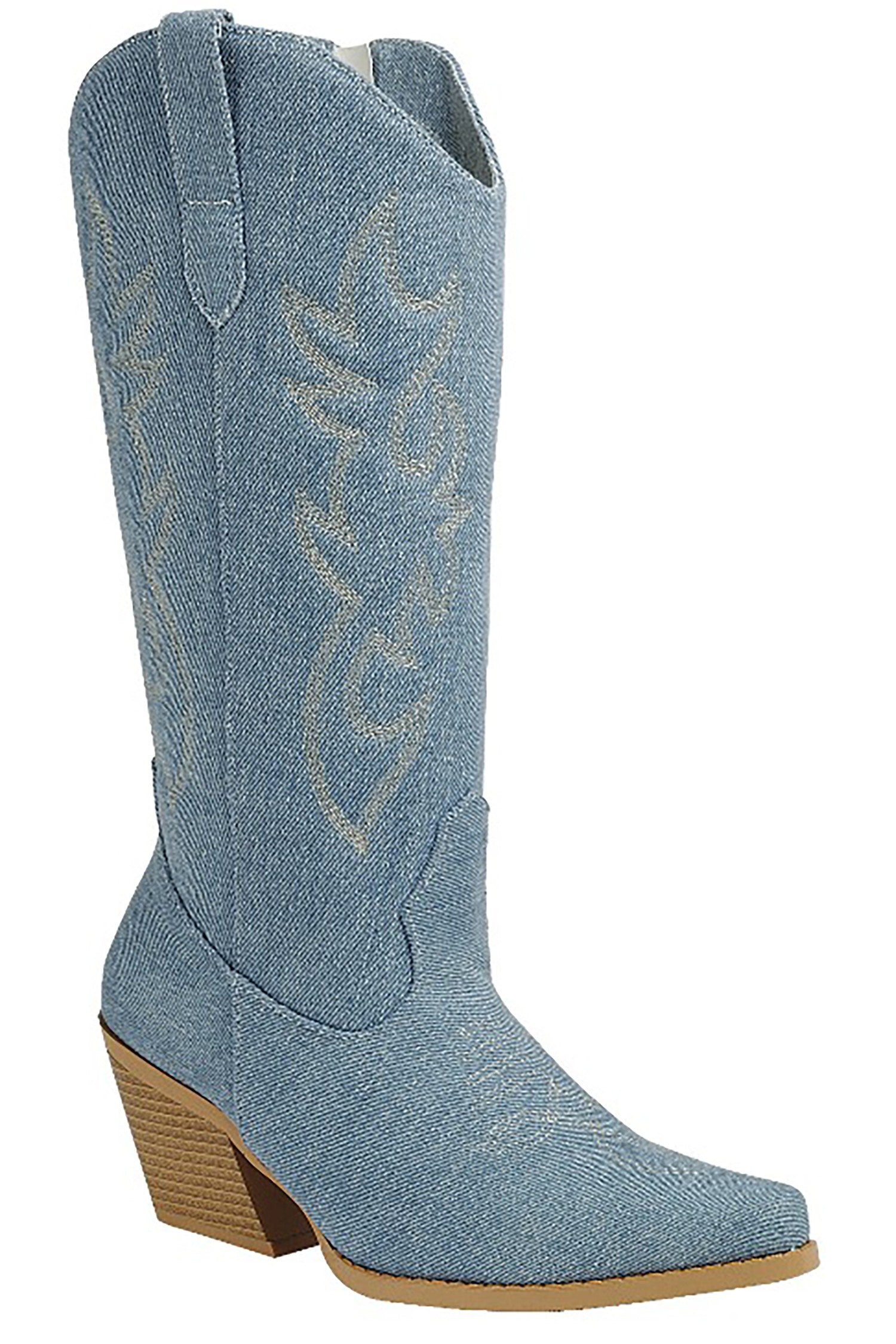 Mid-calf light wash denim boots