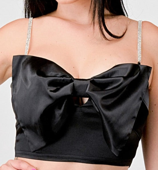 Rhinestone spaghetti strap satin bow crop