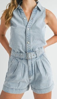 Sleeveless with collar denim romper