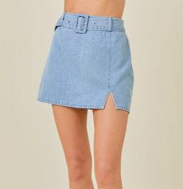 Belted denim skirt with mini slit