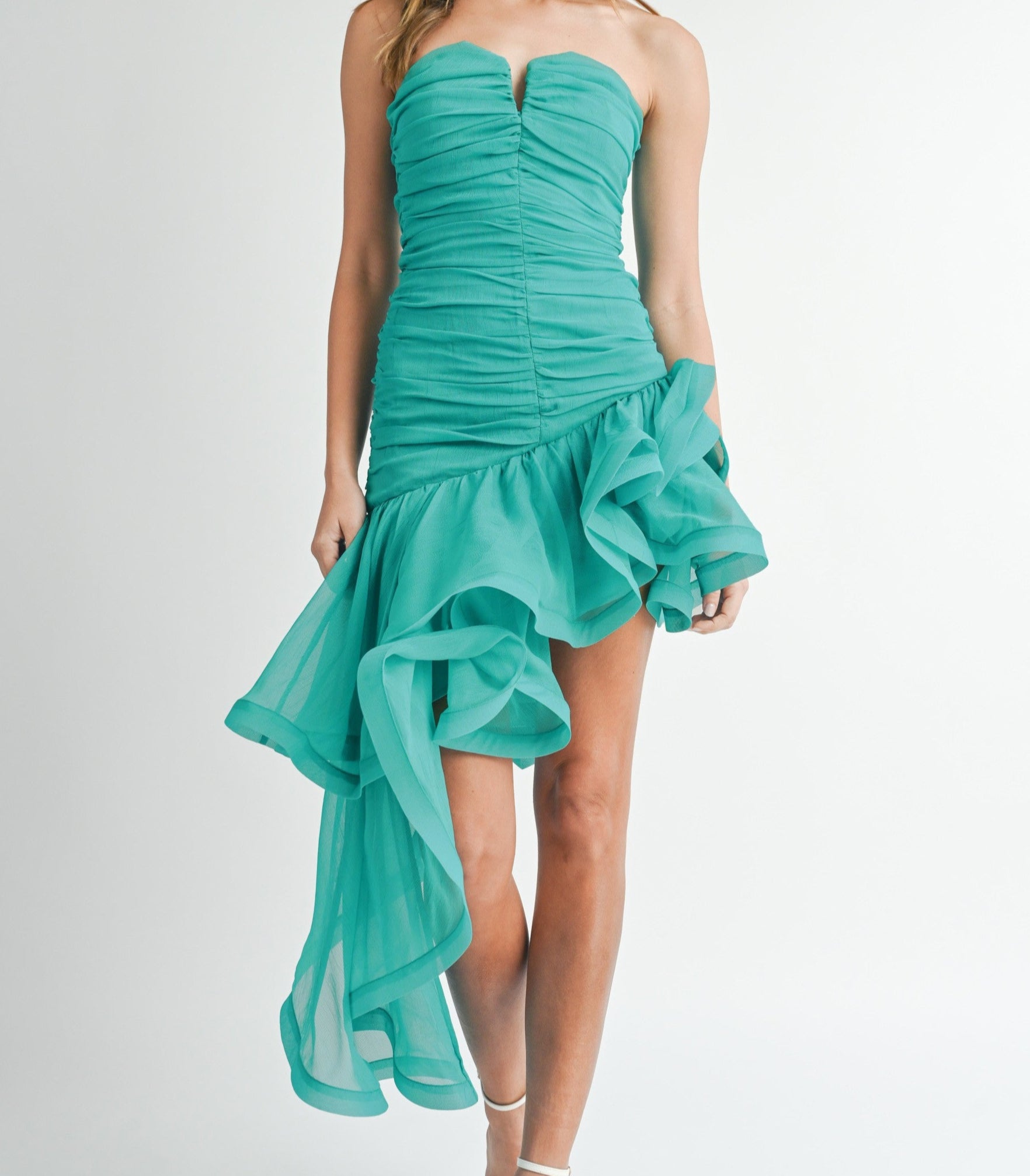 Asymmetric very ruffled with large side ruffles dress