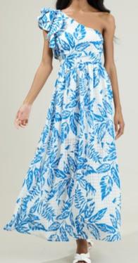 One shoulder ruffle floral picnic maxi dress