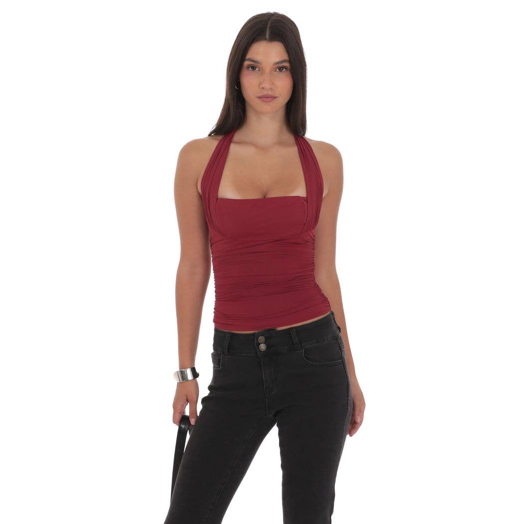 Halter Ruched Top in Burgundy