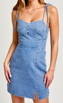 Sweetheart neck tie strap denim dress with slit