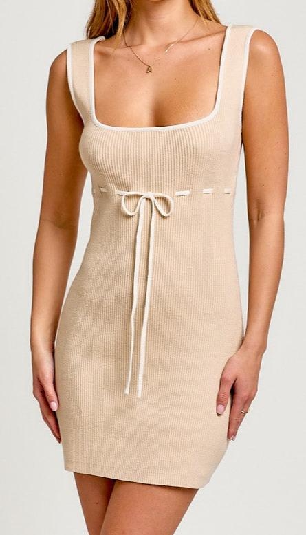 Ribbed Sweater with Woven Empire Tie Dress