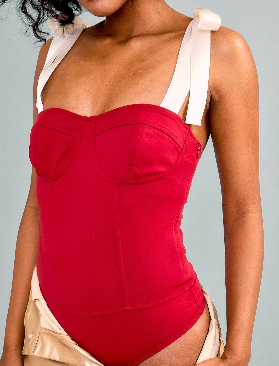 Satin shoulder tie bustier bodysuit