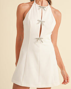 3 bow jewel slit halter mini dress