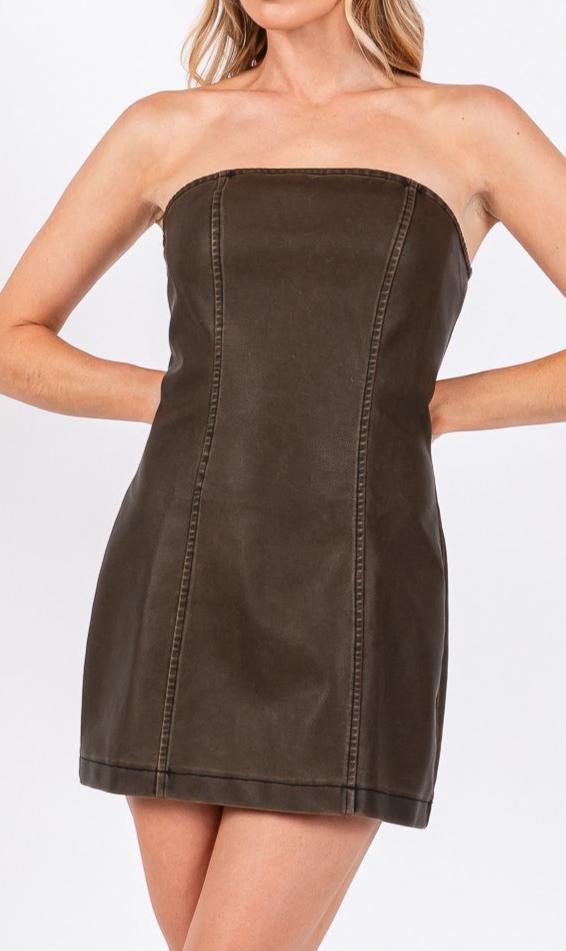 Chocolate Strapless Faux Leather Dress