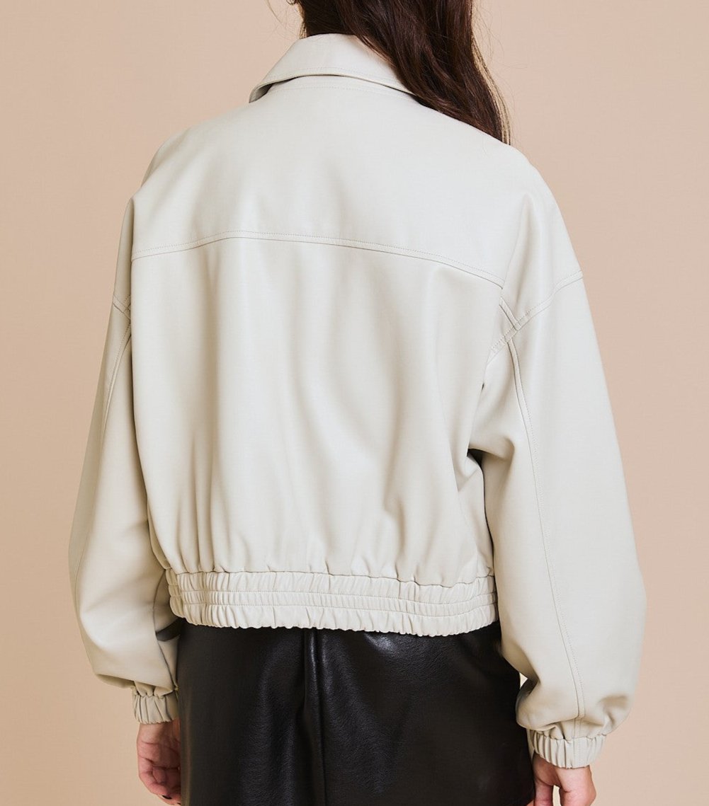 Faux leather elastic waist bomber jacket