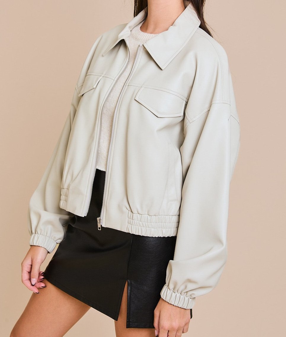 Faux leather elastic waist bomber jacket