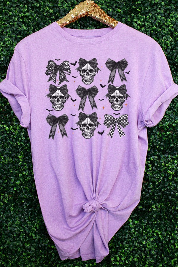 Halloween Skull Black Bow Tee - Purple