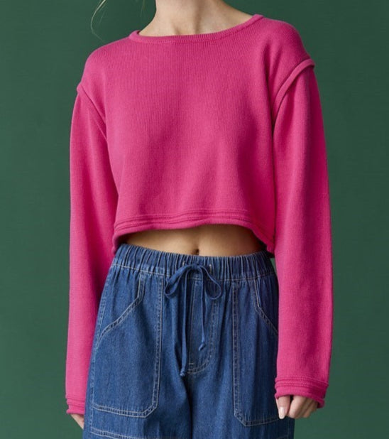 Piped shoulder unfinished hemmed sweater