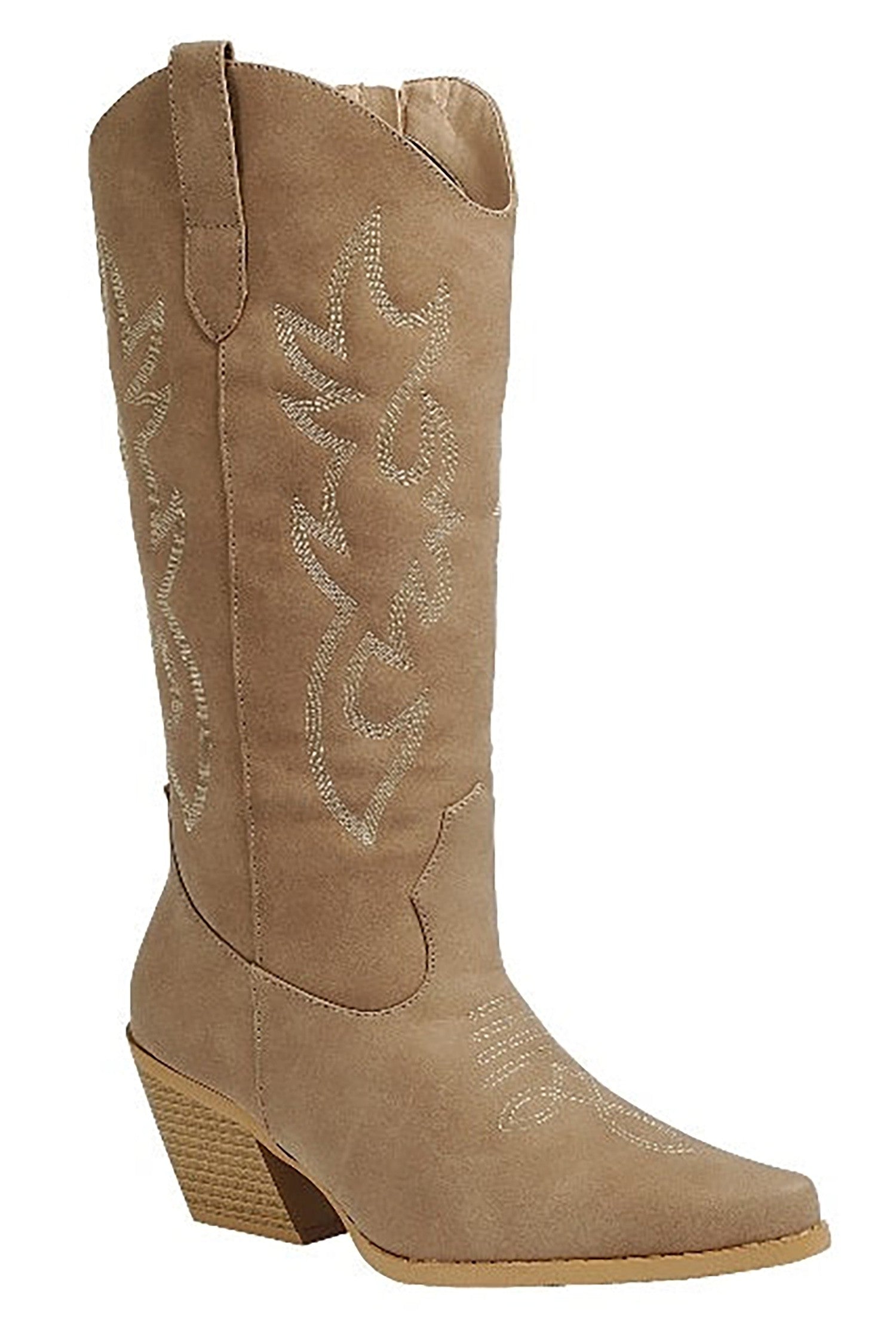 Tan with ivory embroidery calf length boot
