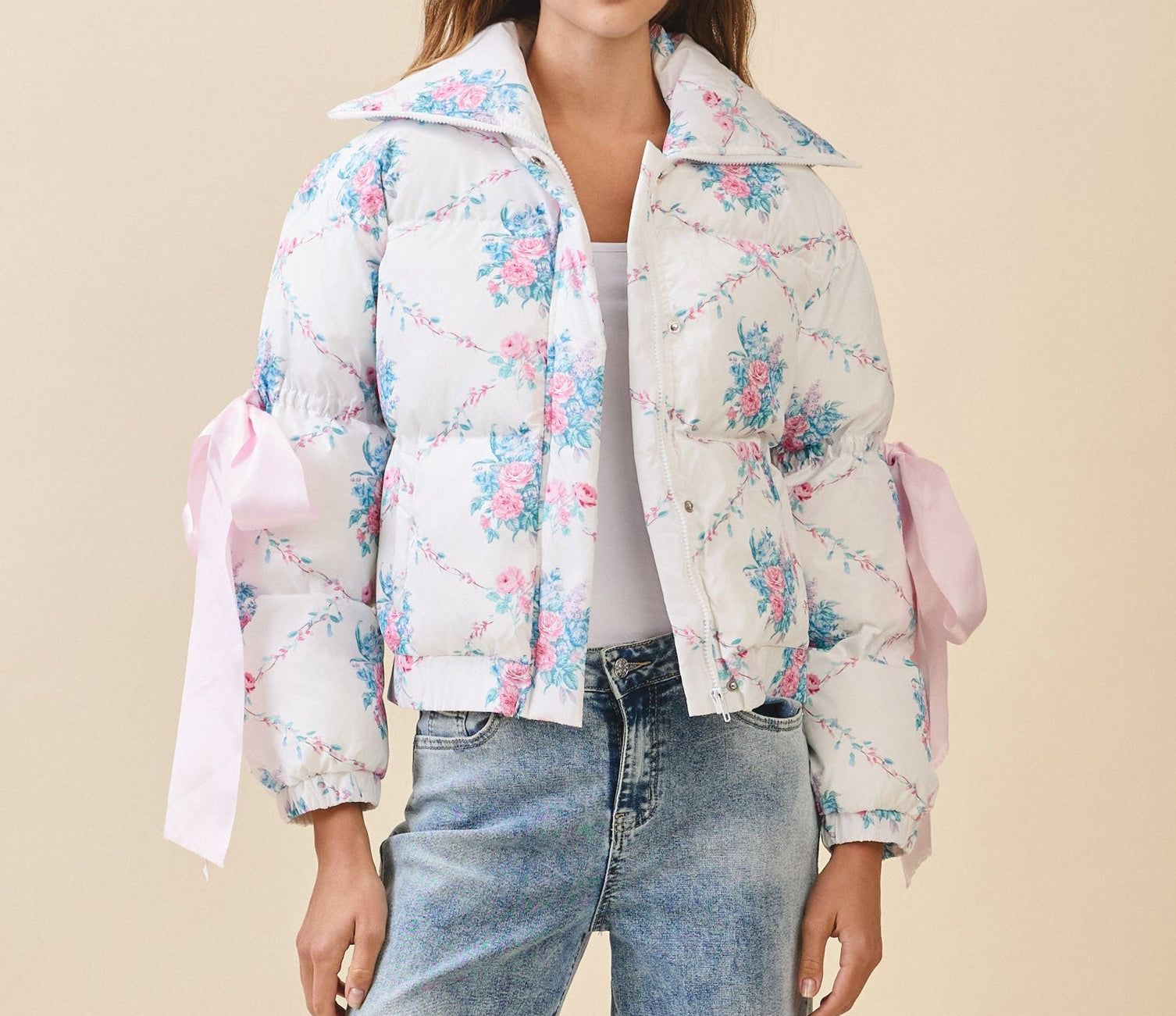 White with color floral and big bows on sleeves