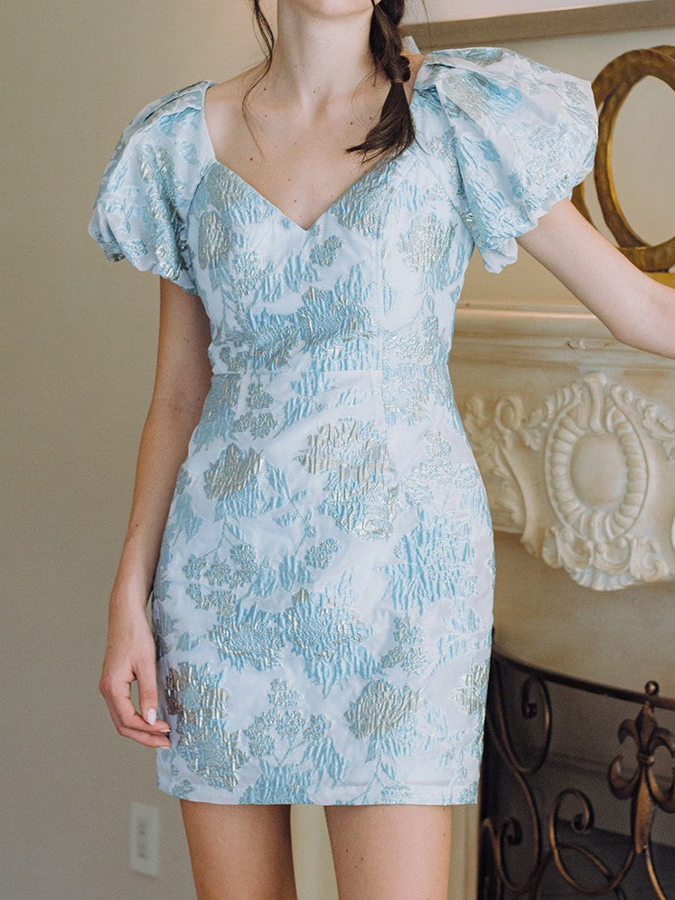 Jacquard with puff sleeves and chiffon ribbon back