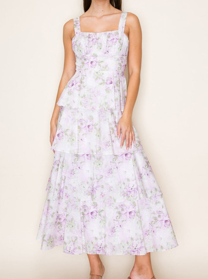 Floral garden tie back 4 layer ruffle midi