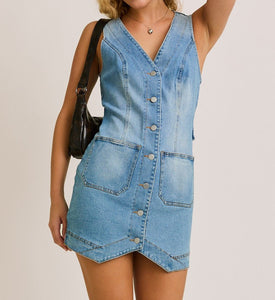 V-neck Vest style denim button up dress