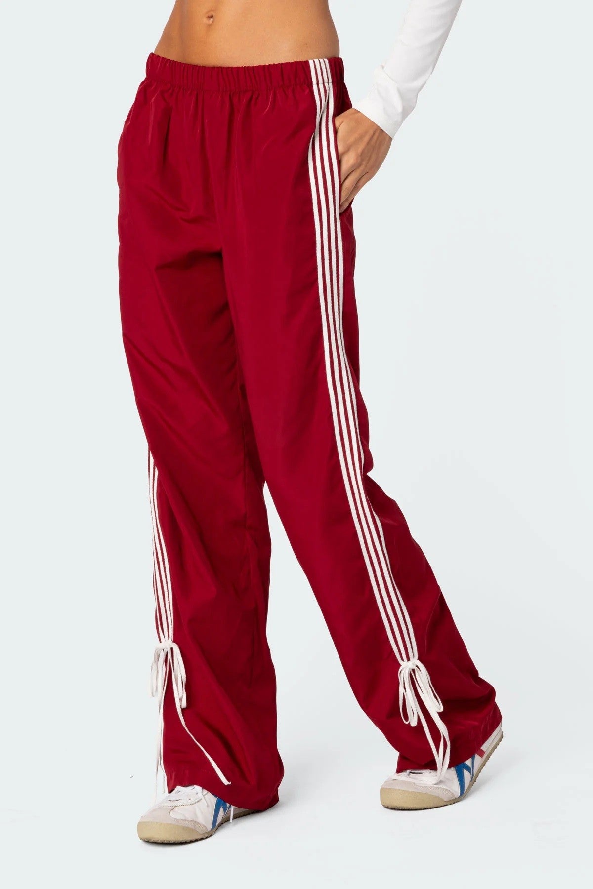 Side stripe track pants with ribbon tie