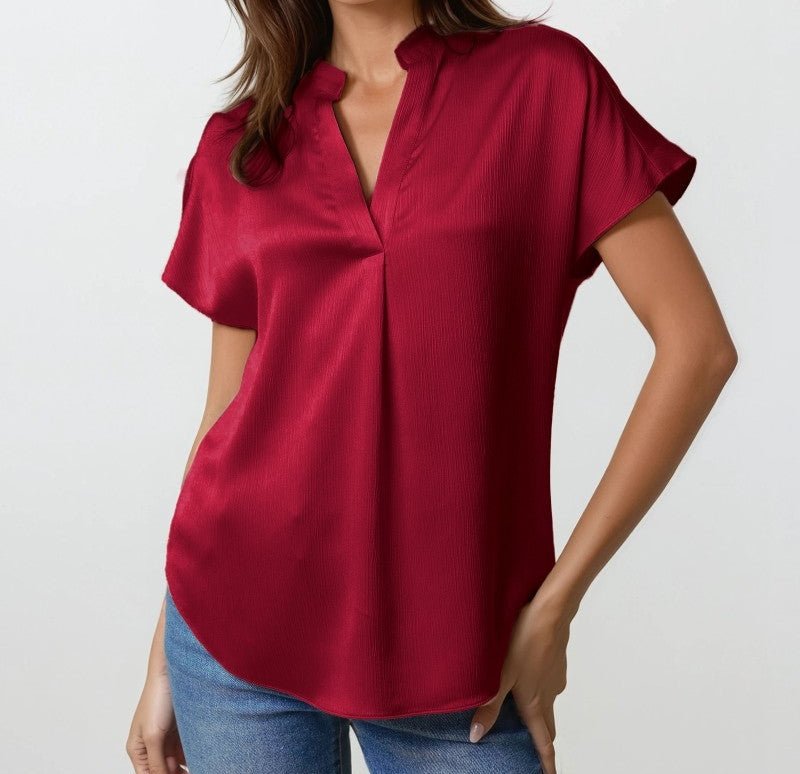 Crinkle satin deep V blouse