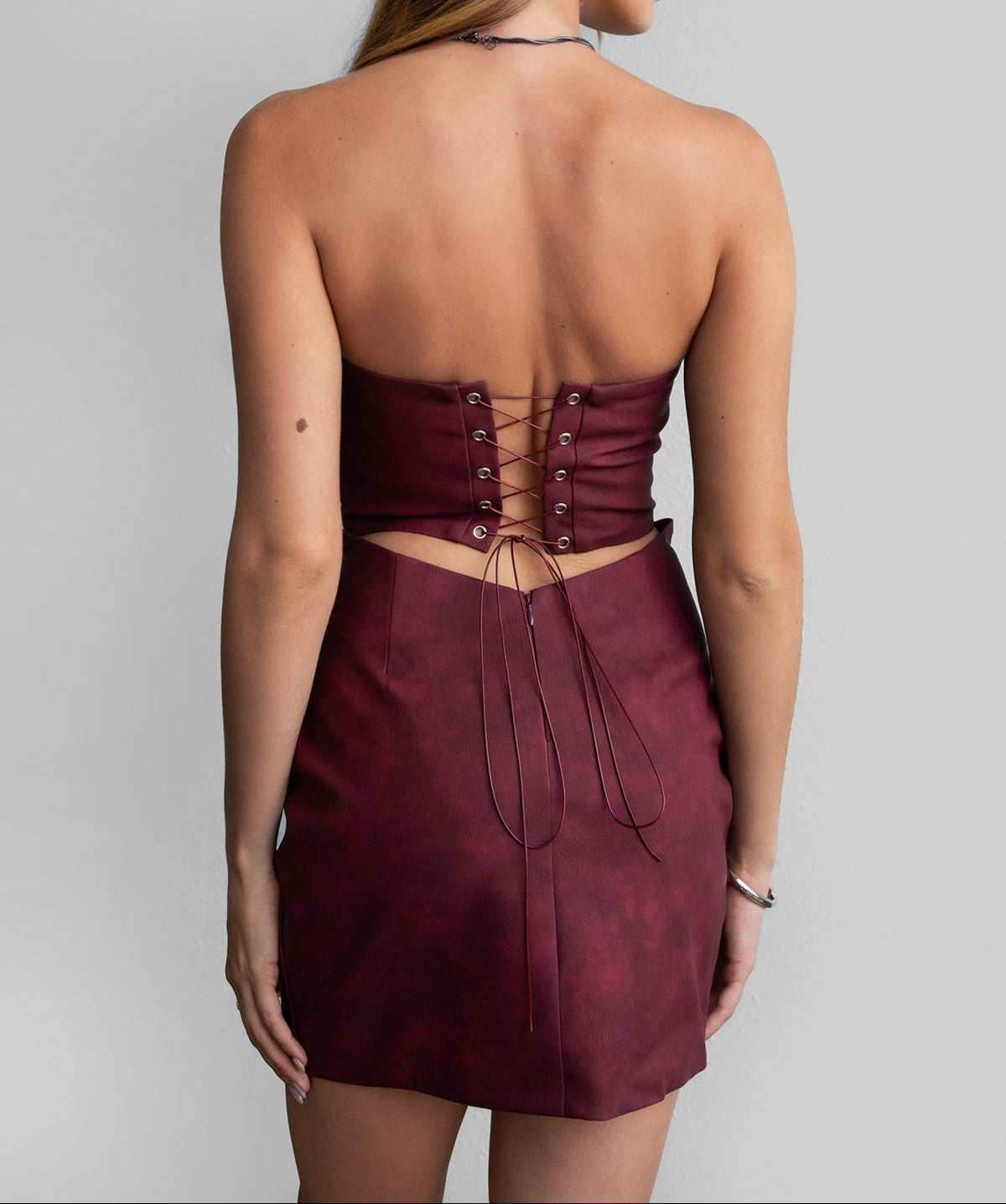 Leather western embordered mini strapless dress