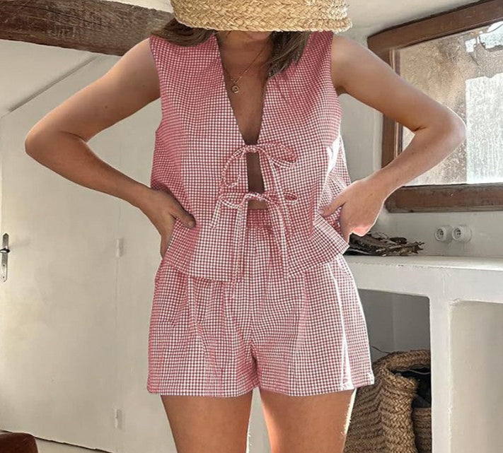 Gingham 2 tie front shorts set
