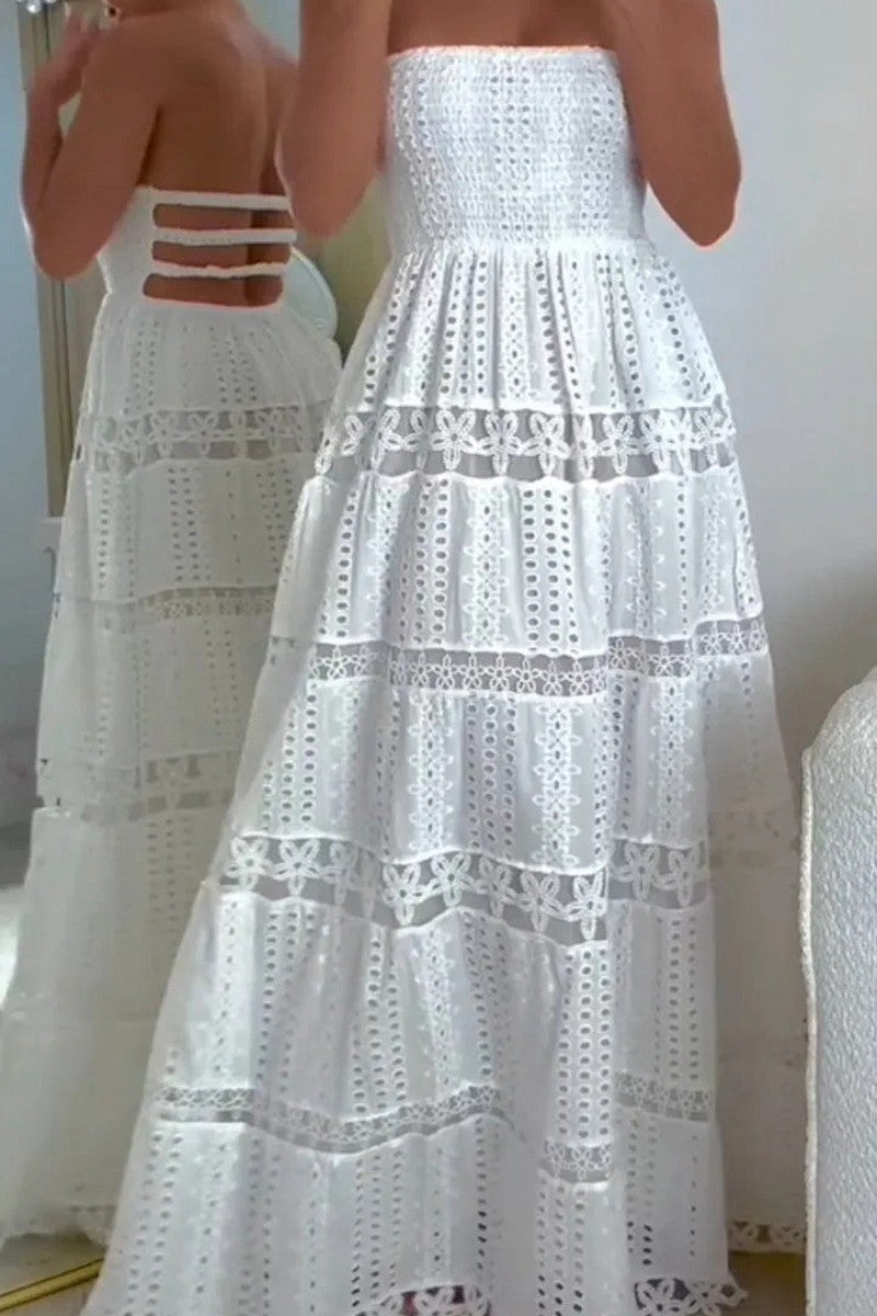 Smocked top 3 strap open back lacy flow maxi