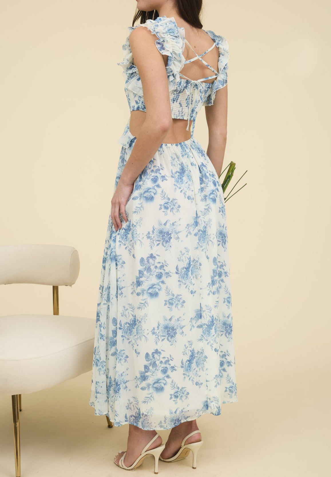 small ruffle top with cut outs floral maxi