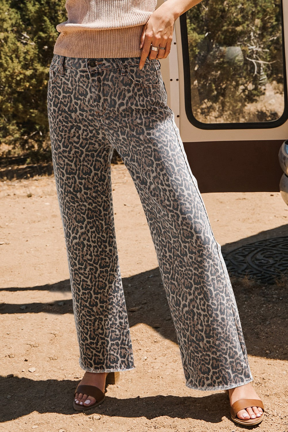 Washed Cheetah wide leg Frey hem denim pants