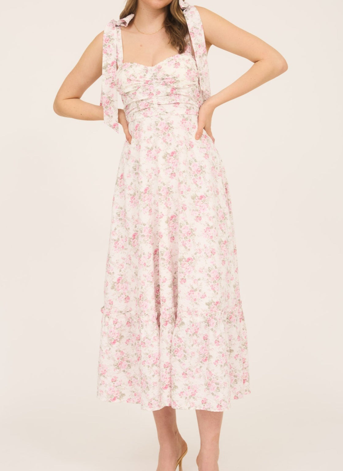 Shoulder tie floral with bottom ruffle maxi